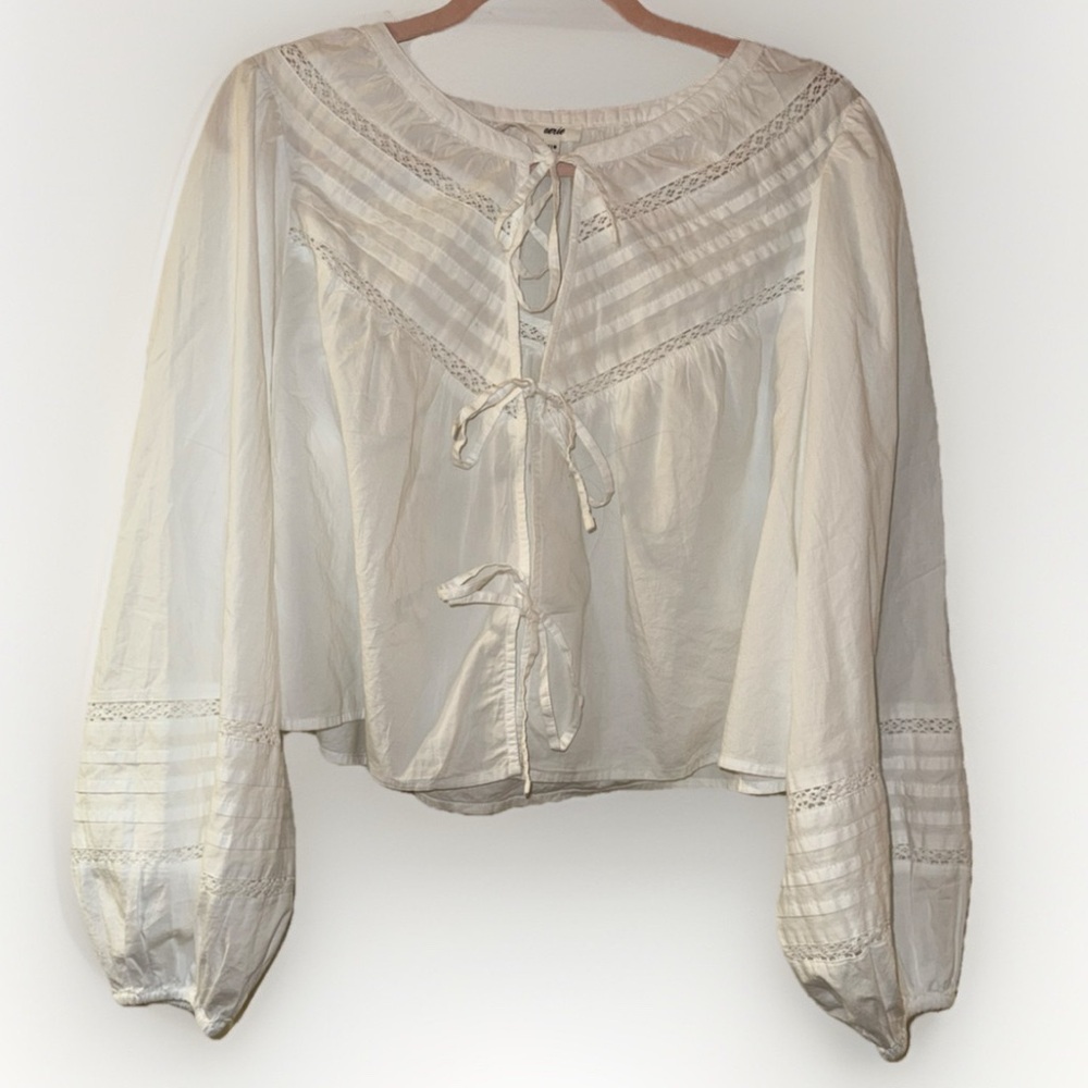 Aerie White Boho Peasant Blouse with Tie Front & Lace Detail - Size M